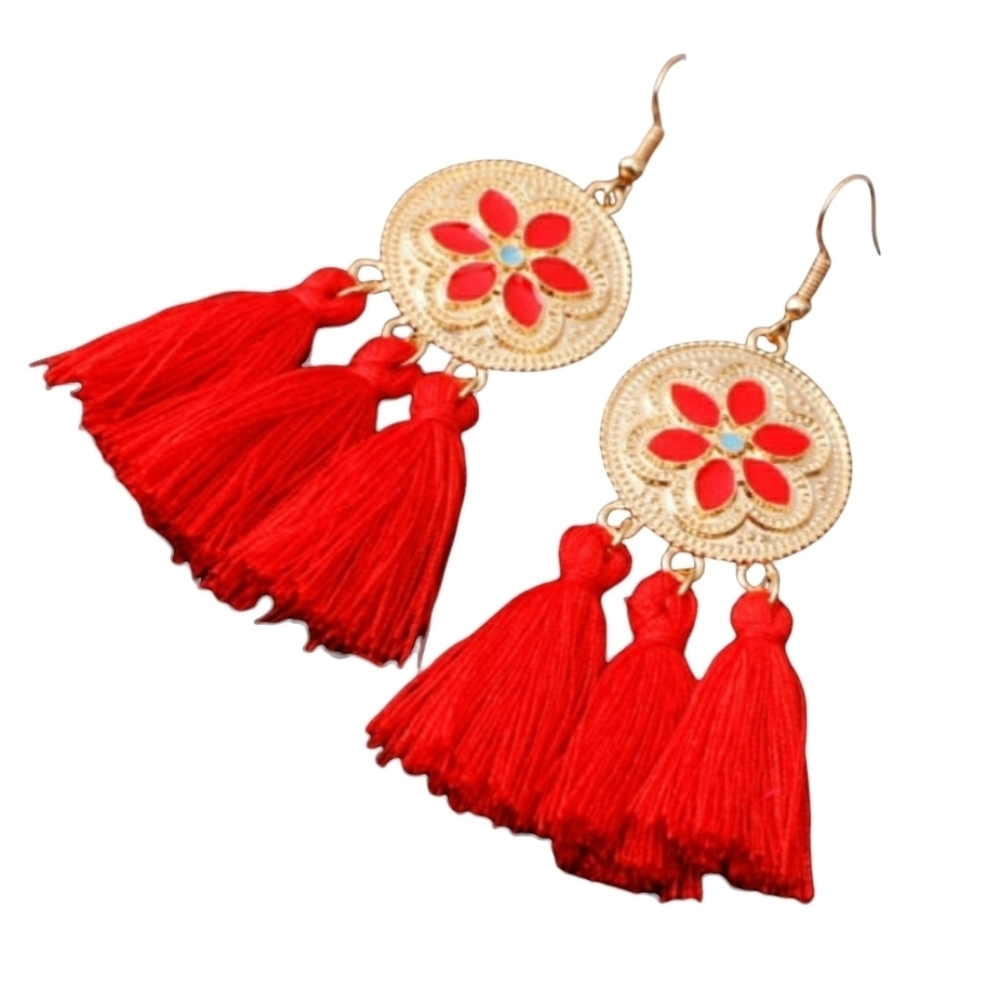 Bohemian Tassels Earrings Dangles Red and‎ Gold